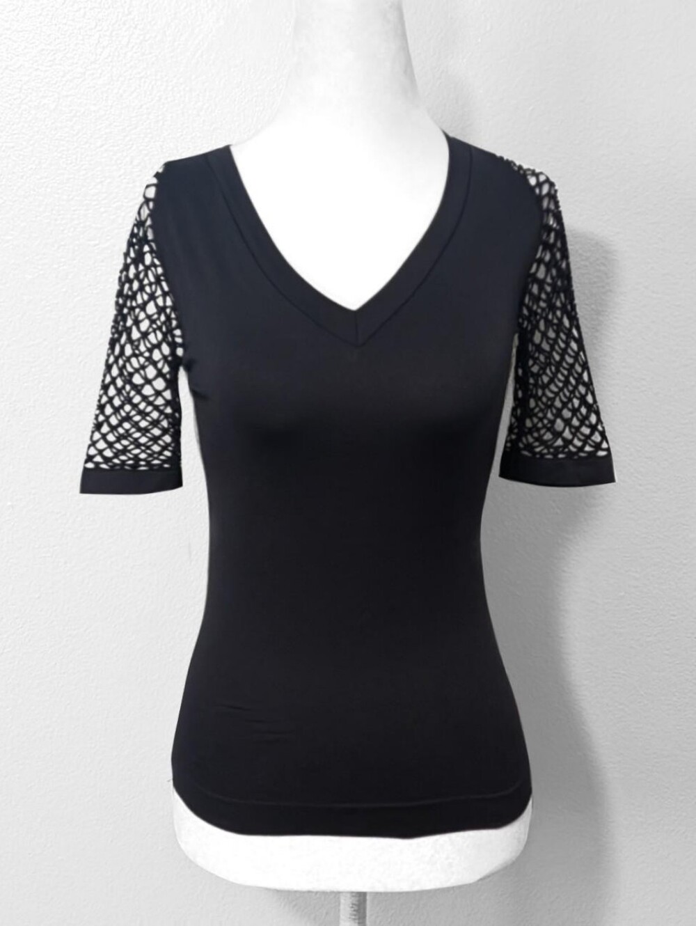 Venus Black Gothic Backless V-Neck Short Mesh Sleeve Top | Size S